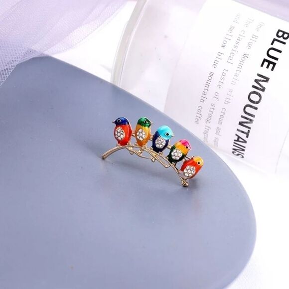 Enamel Glaze Bird Of Flock Crystal Gold Brooch - Picture 4 of 6